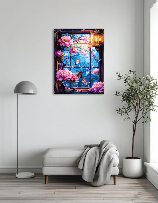 A window adorned with colorful flowers and fluttering butterflies, creating a vibrant and lively scene.