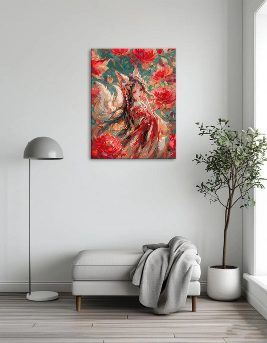 An artistic painting of a woman in a red dress, surrounded by vibrant flowers in a colorful, serene setting.