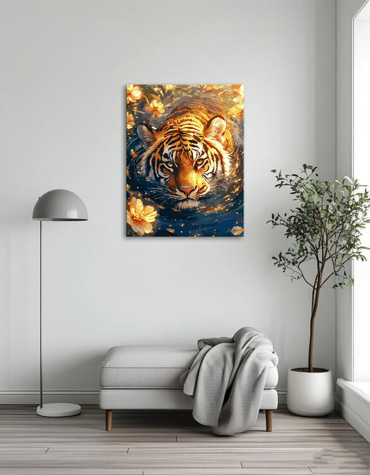 A tiger swims gracefully in water, surrounded by vibrant flowers, showcasing a serene and colorful natural scene.