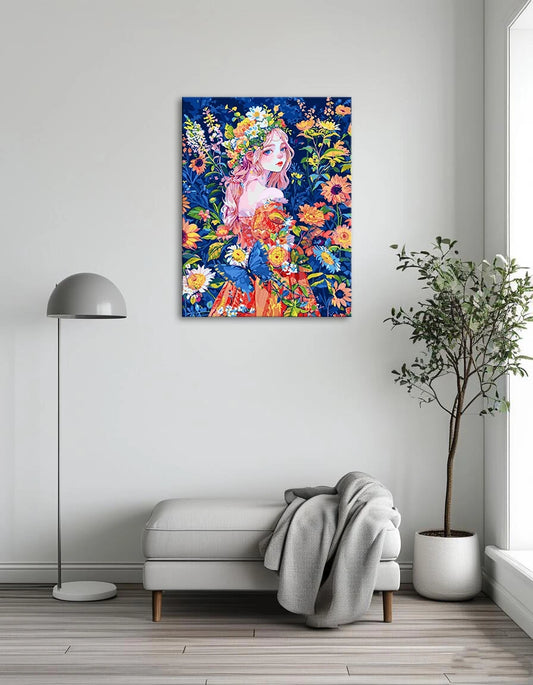 A painting depicting a girl adorned with vibrant flowers in her hair, exuding a sense of beauty and tranquility.