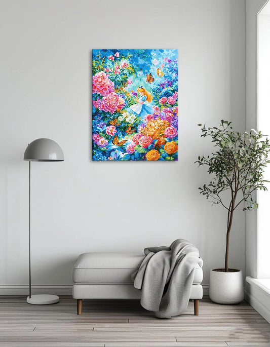 Depiction of Alice in "Alice in Wonderland," showcasing her blue dress and a fantastical, colorful setting.