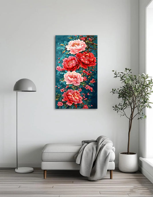 A vibrant painting of colorful flowers set against a serene blue background.