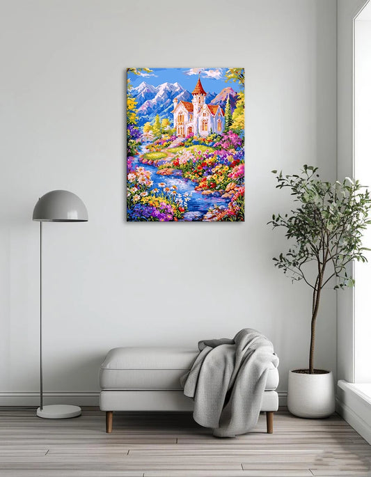 A painting depicting a house surrounded by vibrant flowers and majestic mountains in the background.