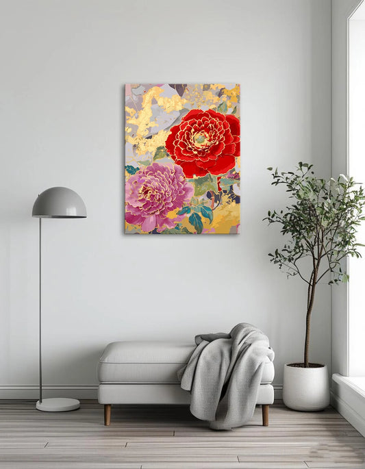 A painting featuring two vibrant red and pink flowers against a soft background.