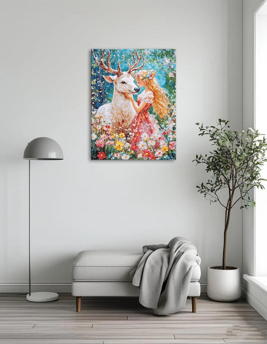A painting depicting a girl and a deer peacefully interacting in a serene forest setting.