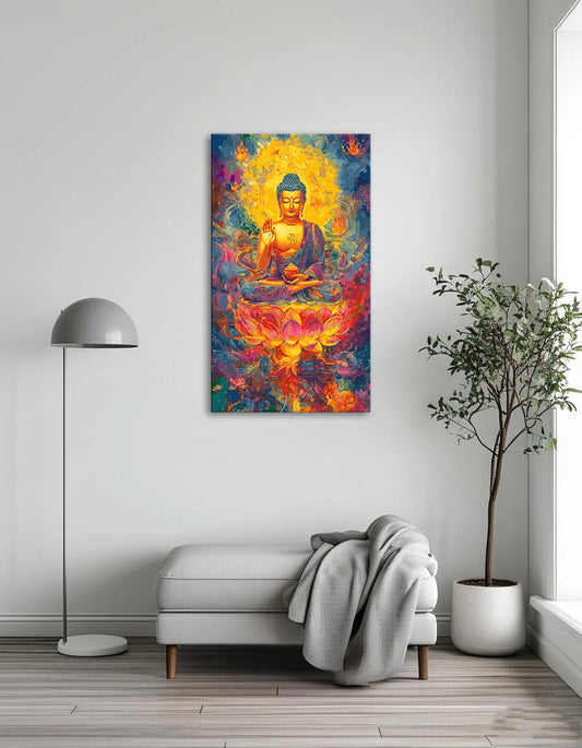 A serene painting of Buddha seated on a lotus flower, symbolizing purity and enlightenment.