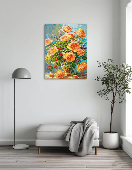 A vibrant painting of roses and berries arranged in a decorative vase, showcasing rich colors and intricate details.