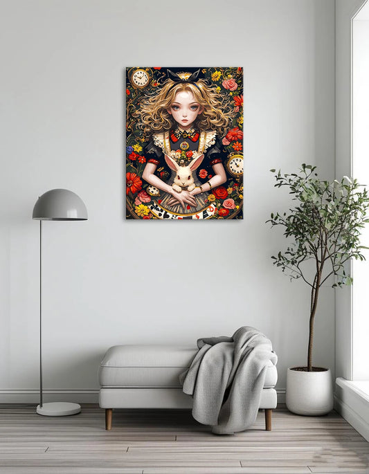 Kawaii-style illustration of Alice in Wonderland, featuring vibrant colors and whimsical characters in a fantastical setting.