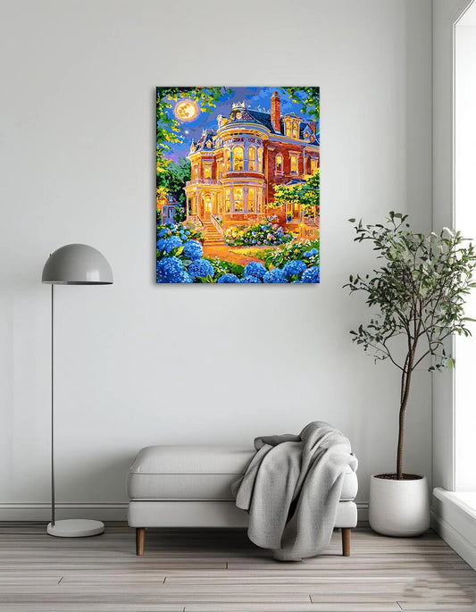 A painting of a grand mansion surrounded by vibrant flowers and twinkling lights, creating a charming evening scene.