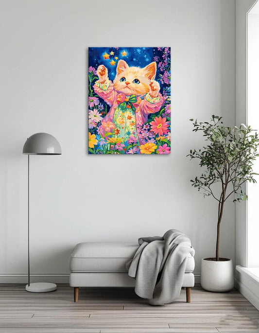 A whimsical painting of a kitten wearing a starry dress, showcasing its playful charm and adorable expression.