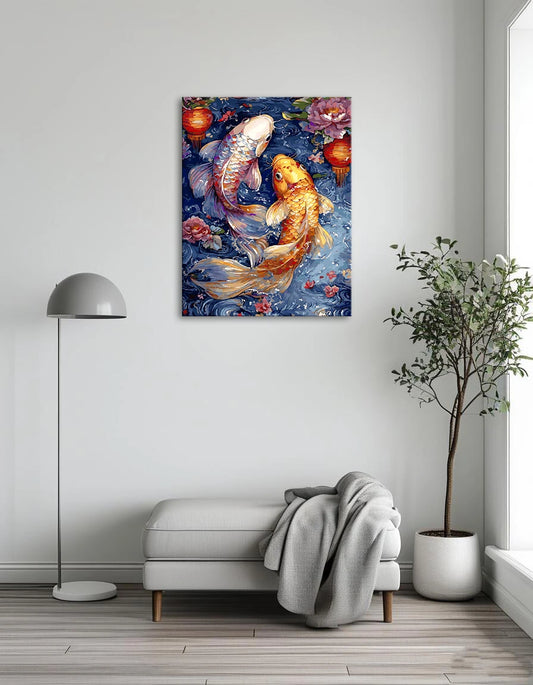 Two koi fish swim gracefully in clear water surrounded by colorful flowers.