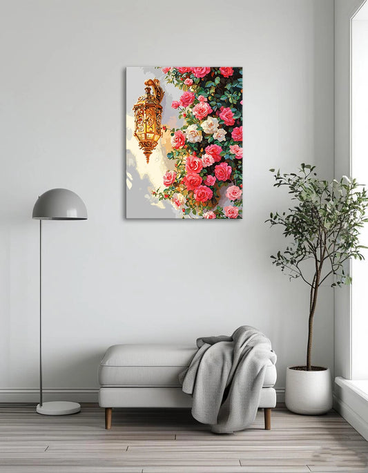 A painting depicting a wall adorned with a lamp and vibrant roses, creating a warm and inviting atmosphere.