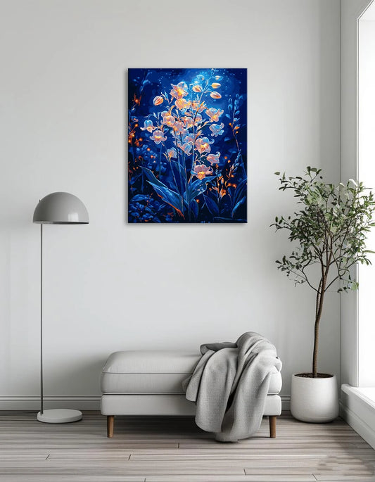 A painting depicting vibrant flowers illuminated by moonlight against a dark night sky.