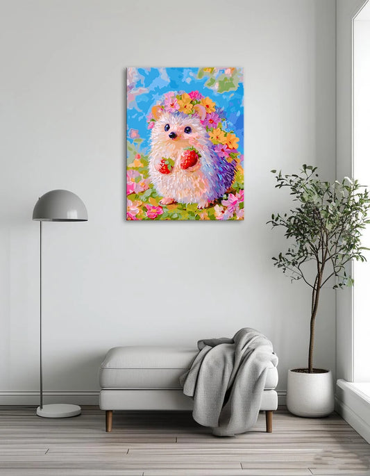 A hedgehog adorned with flowers on its head, holding a ripe strawberry in its paws.