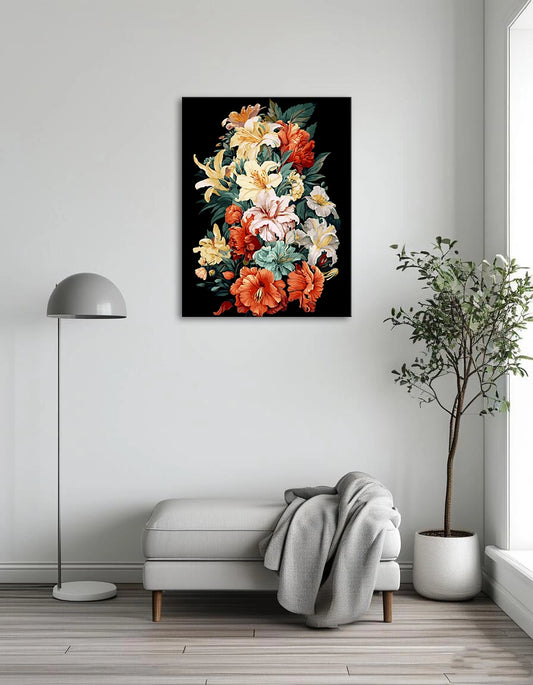 A vibrant painting of colorful flowers set against a deep black background, highlighting their beauty and contrast.