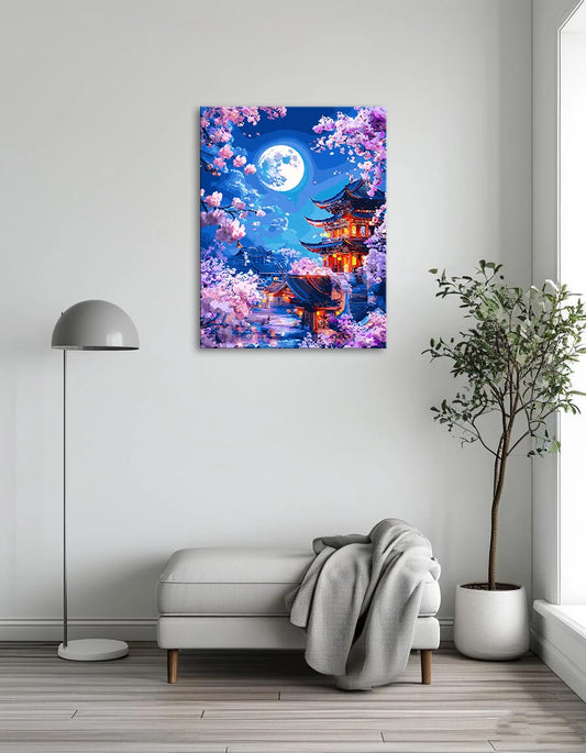 A serene painting of a pagoda surrounded by flowers, illuminated by soft moonlight.