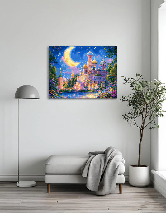 A night painting of a castle illuminated by a bright moon against a dark sky, creating a mystical atmosphere.