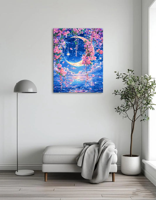 A serene scene of a full moon illuminating flowers by the sea, creating a tranquil atmosphere at night.