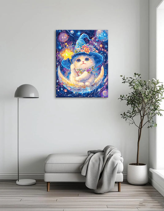 A whimsical painting of a cat wearing a witch hat, perched on a crescent moon against a starry night sky.