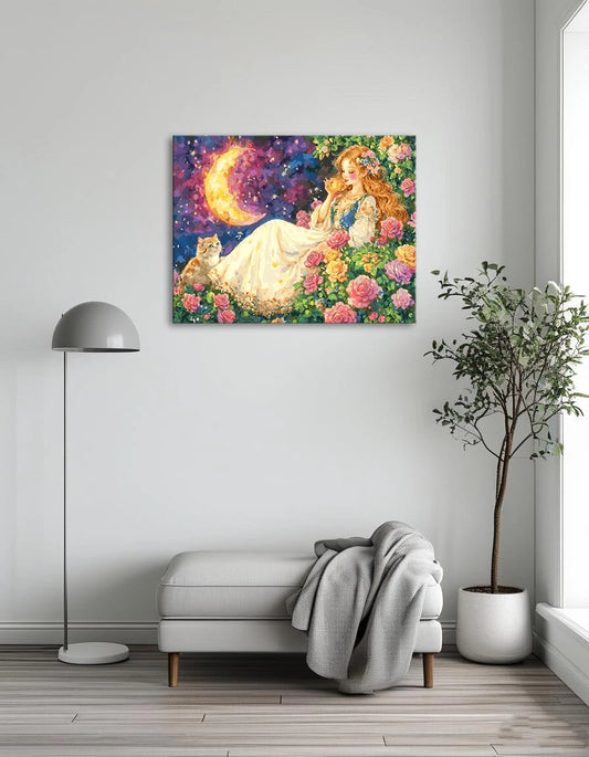 A painting depicting a woman in a dress beside a cat resting on a rose bush, showcasing vibrant colors and serene ambiance.