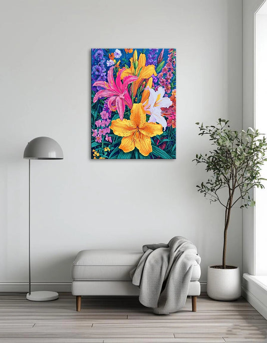 A vibrant painting of various colorful flowers blooming in a sunny field.