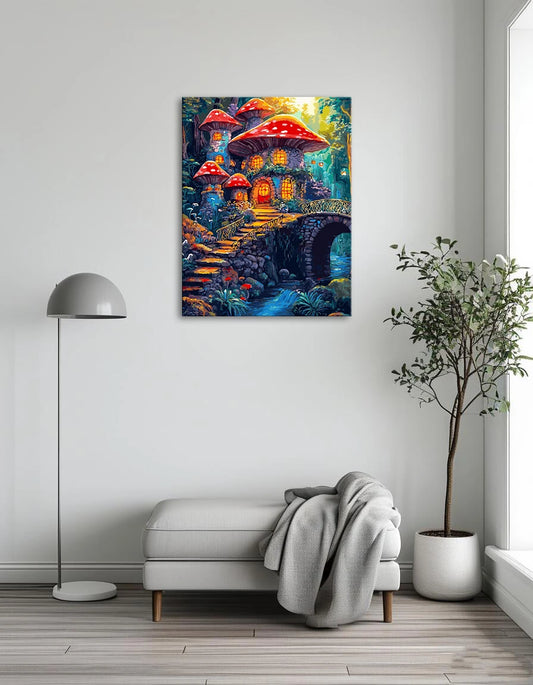 An illustration of a whimsical mushroom house nestled among trees in a vibrant forest setting.