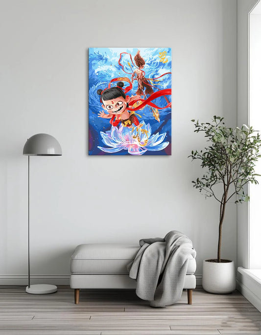 A Chinese girl and boy sitting together on a vibrant lotus flower, surrounded by serene water and greenery.