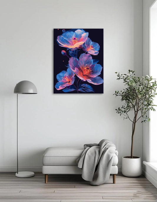 A vibrant painting of colorful flowers set against a deep black background, highlighting their beauty and contrast.