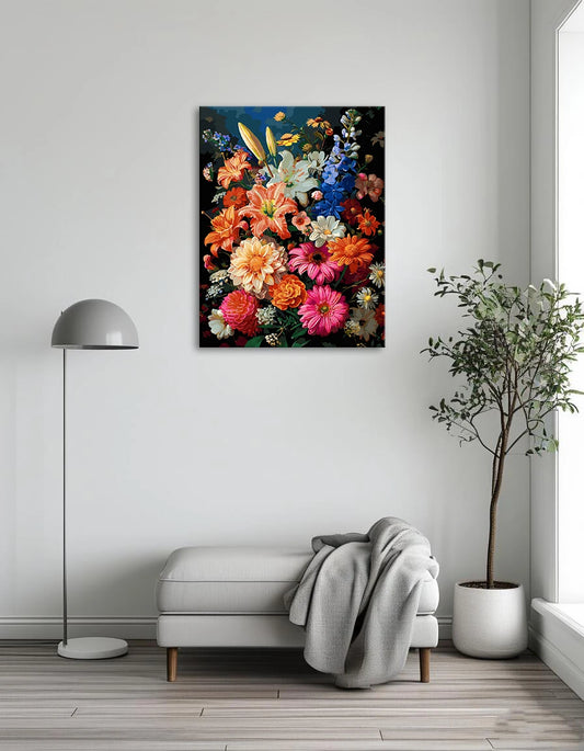 A vibrant painting featuring a colorful bouquet of assorted flowers in a decorative vase.