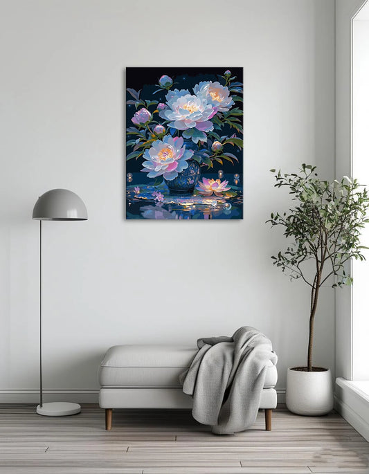 A vibrant painting of assorted flowers in a decorative vase, showcasing a burst of colors and textures.