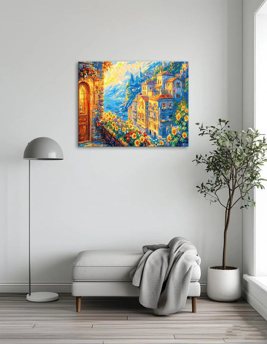 A painting depicting a house surrounded by colorful flowers, featuring a welcoming door at the front.