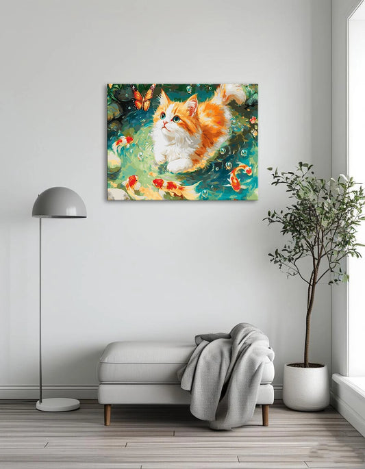 A white cat perched on a colorful cake, surrounded by vibrant balloons, creating a whimsical celebration scene.