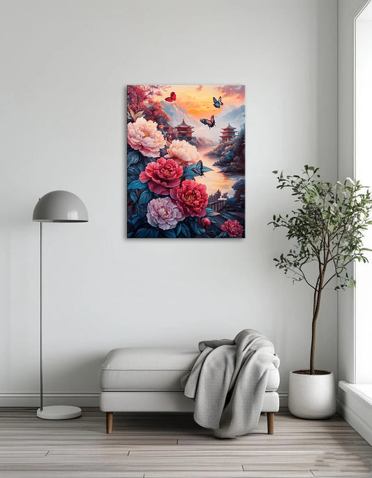 A vibrant painting of flowers and butterflies against a colorful sunset backdrop.