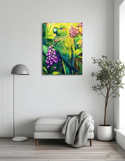 A vibrant green parrot perched on a branch, surrounded by lush foliage in a colorful painting.