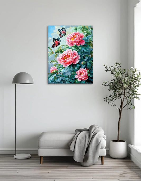 A vibrant painting featuring pink peonies surrounded by delicate butterflies in a lush, colorful setting.