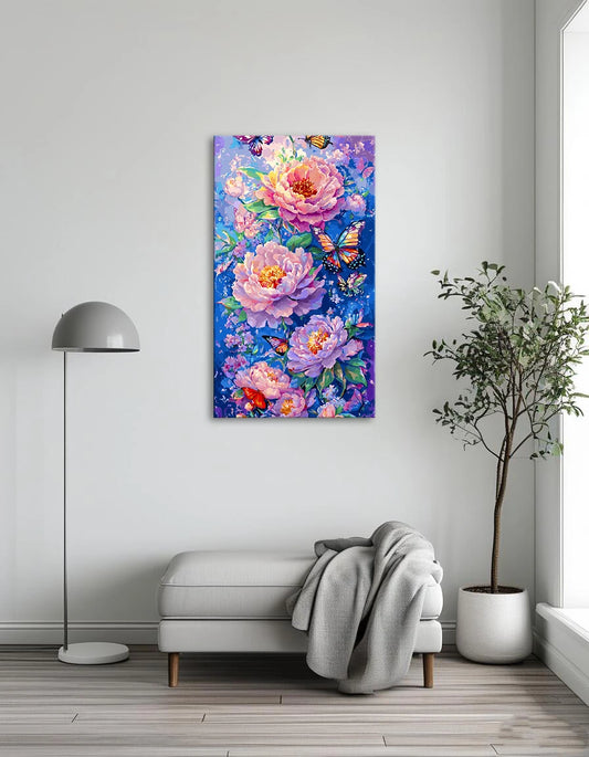 A vibrant painting featuring colorful flowers surrounded by delicate butterflies in a serene garden setting.