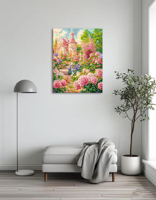 A painting depicting a house encircled by vibrant pink roses in full bloom.