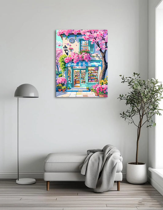 A vibrant painting of a flower shop filled with various pink flowers, showcasing a lively and colorful atmosphere.