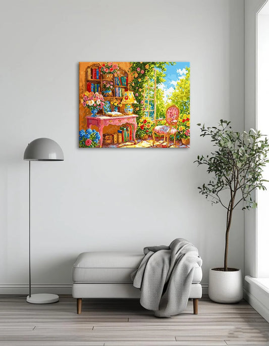 A painting depicting a cozy room adorned with vibrant flowers and a single chair, creating a serene atmosphere.