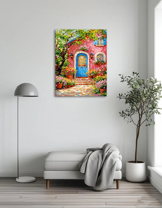 A painting of a charming house adorned with colorful flowers and featuring a bright blue door.