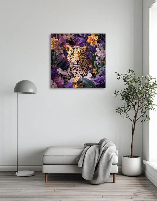 A leopard depicted in a field of blooming flowers, showcasing a blend of wildlife and nature's beauty.
