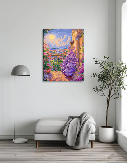 A painting of a woman in a purple dress gazing thoughtfully over a city skyline.