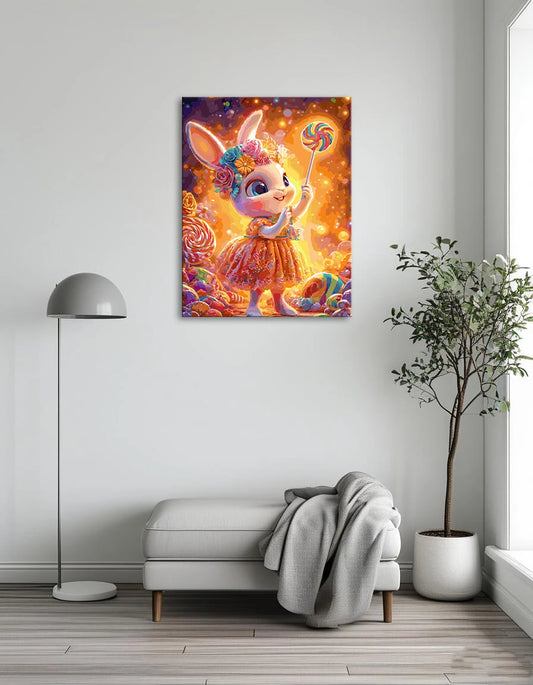 A whimsical painting of a bunny joyfully holding a colorful lollipop in its paws.