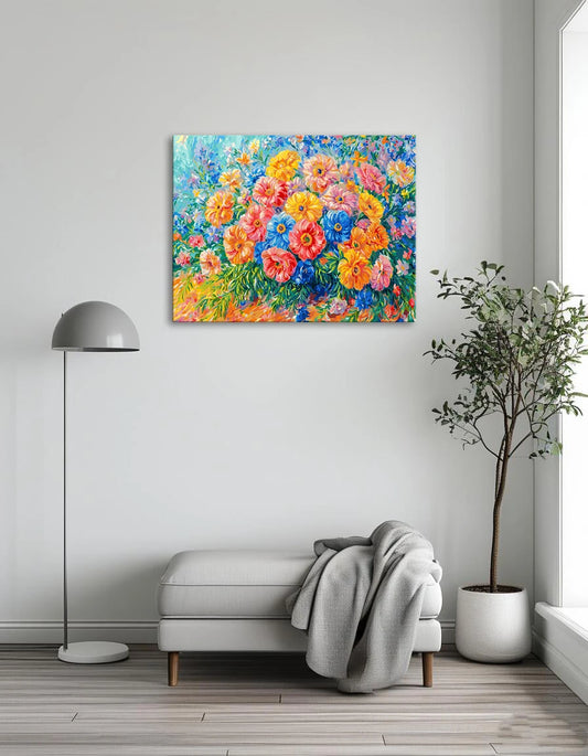 A vibrant painting of assorted colorful flowers arranged on a table, showcasing their beauty and variety.