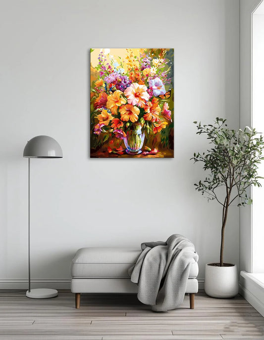 A vibrant painting of a vase filled with an assortment of colorful flowers.