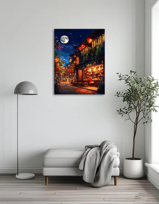 A painting depicting a street scene illuminated by a bright moon in the night sky.