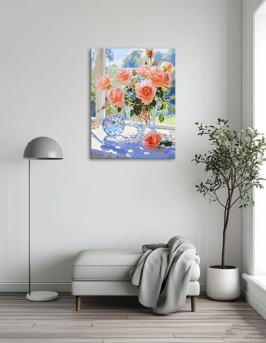 A painting depicting a vase filled with vibrant pink roses against a soft background.