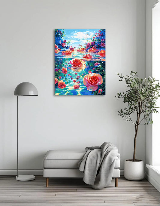 A serene painting of vibrant roses gently floating on calm water, creating a peaceful and tranquil scene.