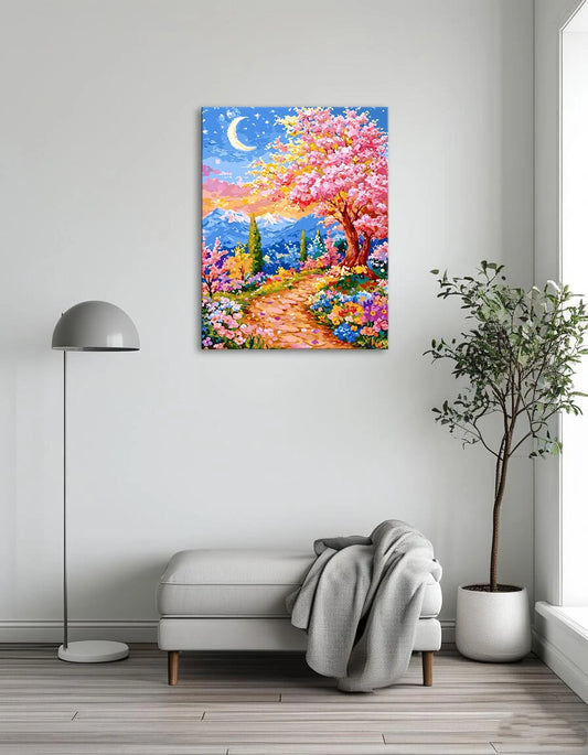 A painting depicting a tree adorned with flowers under a glowing moon in a serene night sky.