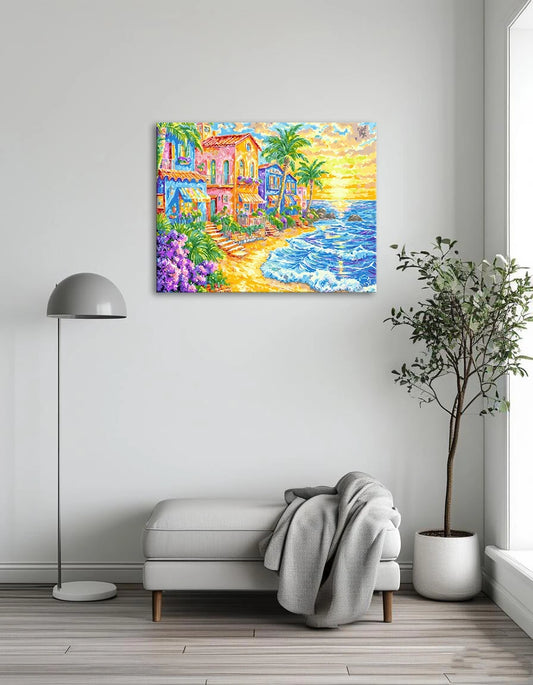 A vibrant painting of a beach scene featuring houses, palm trees, and gentle waves under a clear blue sky.